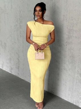 SHEIN One-Shoulder Yellow Ribbed Maxi Dress
